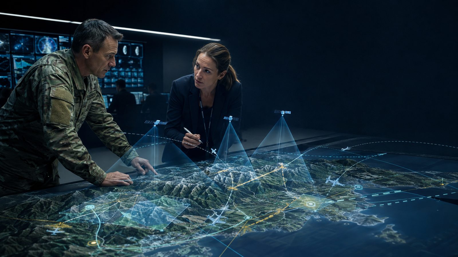 A technical team collaborating around a live mission-planning table